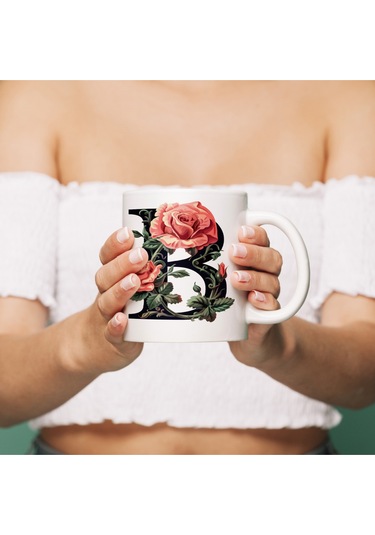 B Baş Harf Kırmızı Güller İle Sarılı Bardak 330 Ml Kişiye Özel Çiçekli Hediye Beyaz