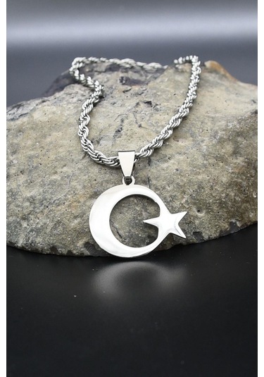 Ay Yıldızlı - Ay Yıldız Kolye Paslanmaz Çelik Zincir 902300 Gümüş