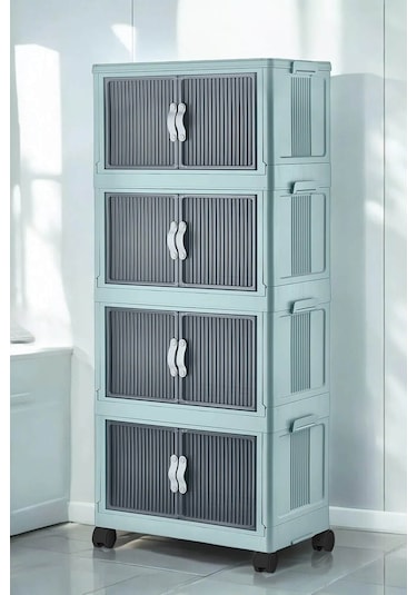 Çok Amaçlı Kapaklı Portatif İstiflenebilir Tekerlekli Organizer Dolap Mavi Mavi