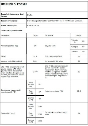 Profilo CGA142Z0TR 1200 Devir 9 KG Çamaşır Makinesi
