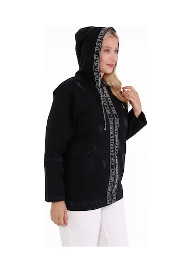Kadın Kot Mont Büyük Beden Kapüşonlu Taş İşli Siyah