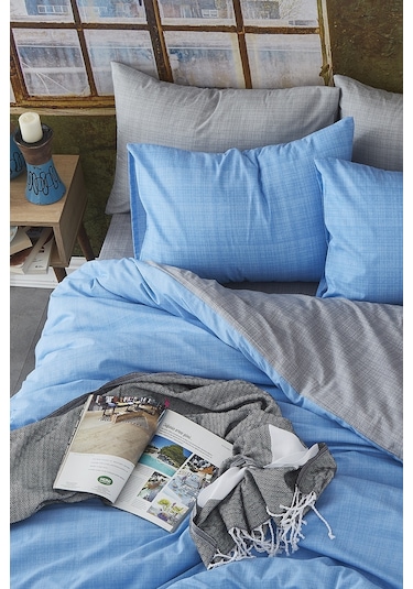 BonjardinHome Tek Kişilik Çift Taraflı Nevresim Takımı %100 Pamuk Mavi Gri