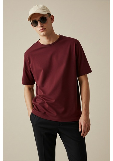 Erkek Oversize Basic Tişört Unisex %100 Pamuk Rahat Kalıp Erkek Tam Oversize Tişört Bordo