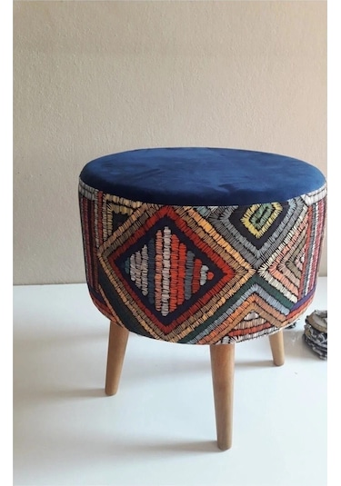 Retro Gürgen Ahşap Ayaklı Dekoratif Etnik Üst Lacivert Desenli Silindir Puf Bench