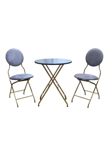 Katlanabilir Gri Kumaş Metal Goldmasa Ve Sandalye Takımı - 2 Sand