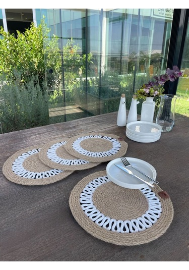4 Kişilik Yuvarlak Amerikan Servis Özel Tasarım Jüt / Beyaz 33 X 33 Cm Natural