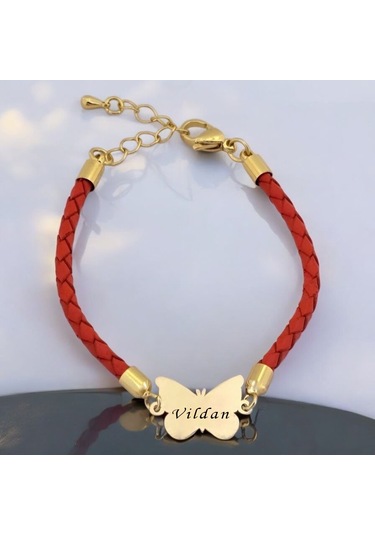 Vildan İsmine Özel Turuncu Derili Kelebek Motifli 14 Ayar Altın Plakalı Hediye Bileklik-502isim Vildan