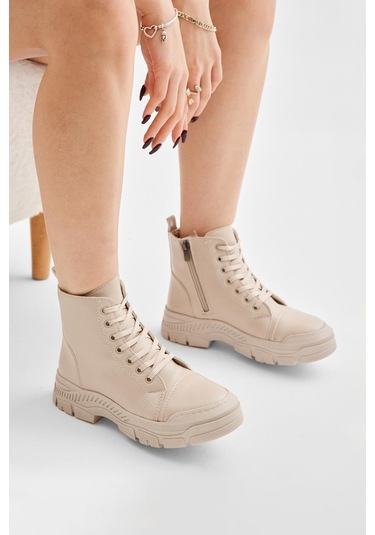 Kalın Termo Taban Bağcıklı Ve Fermuarlı Kadın Bej Günlük Bot Tbrds035 Bej