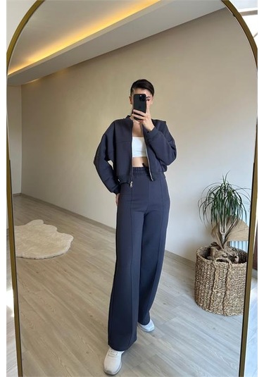 Neşeli Butik Kadın Fermuarlı Oversize Sweat Ve Yüksek Bel Eşofman Takımı Nm018 Antrasit