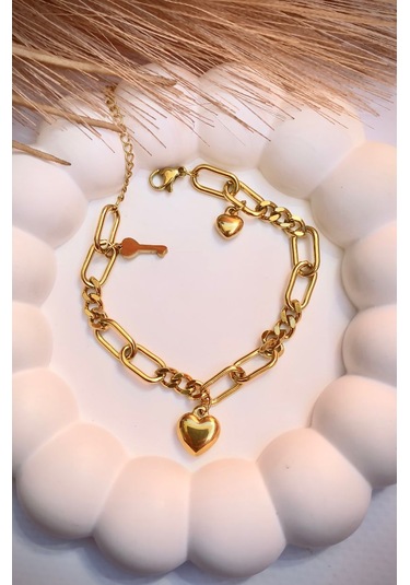 Altın / Gold Renk Kalp-kilit Figürlü 316l Çelik Bileklik Altın