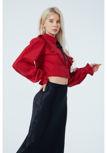 Fiyonk Fırfır Detaylı Poplin Gömlek Kırmızı