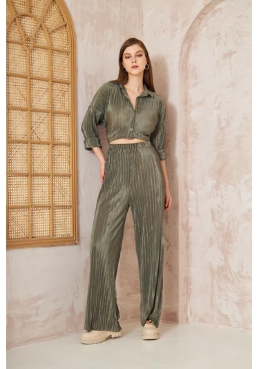 Kadın Pliseli Beli Lastikli Pantolon Tunik Gömlek Ikili Bürümcük Salaş Takım 3573300 Haki