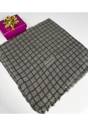 Eripek Desenli Flamalı Keten Eşarp- 06112 Füme