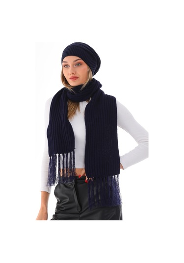 Kadın Ipli Bere Lacivert Selanik Örgü Atkı Takım Lacivert