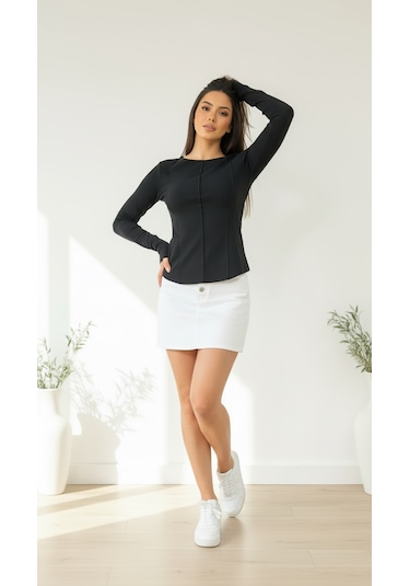 Divinus Kadın Slim Fit Pamuklu Uzun Kollu Bodysuit Siyah