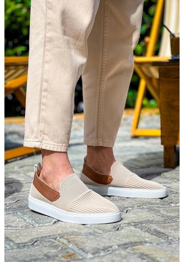 Bej Taba Triko Yüksek Taban Bağcıksız Günlük Erkek Ayakkabısı Bej1 Bej