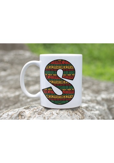 S Harfi Etnik Desenli Kupa - Afrika Tarzı Kahve Çay Kupası - Hediyelik - Black History Beyaz