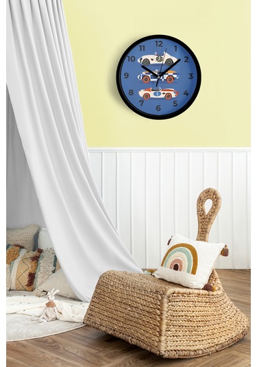 Araba Tasarımlı Çocuk Odası Duvar Saati - 30cm - Önü Camlı Siyah Kasa - Sessiz Mekanizma-jh1001 Siyah