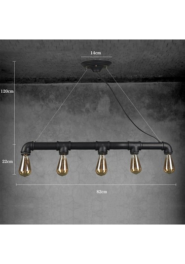 Endüstriyel Malzeme Demir Boru Sarı Ampulden, Rustik Avizel Siyah