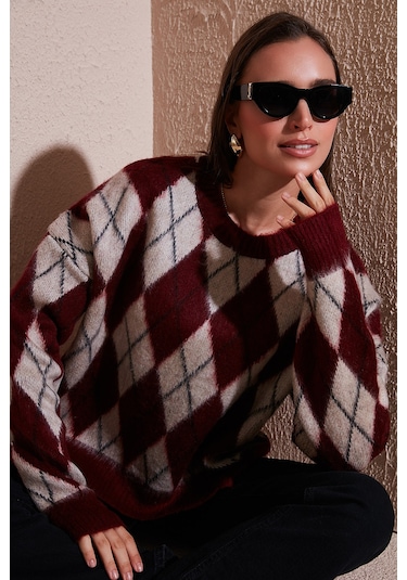 Lela Oversize Fit Bisiklet Yaka Baklava Desenli Yumuşak Dokulu Bayan Kazak 4616223 Bordo