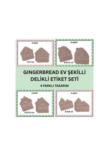 Yılbaşı, Gingerbread Ev Tasarımlı Hediye Etiket & 10m Jüt İp Seti