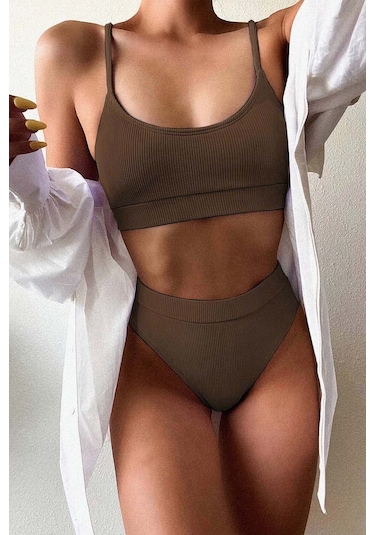 Angelsin Yüksek Bel Fitilli Kumaş Bikini Altı Kahverengi
