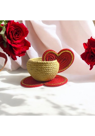 Sevgililer Günü Hediyesi, Kalpli Fincan Sepet, Dekoratif Sepet, Hediyelik Sepet, Dekor Sepet, Çok Amaçlı Sepet Kırmızı - Kahverengi