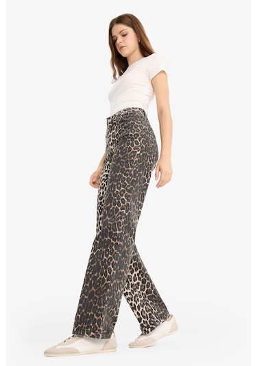 Defacto Straight Fit Yüksek Bel Leopar Desenli Uzun Boy Gabardin Pantolon D1229ax25aubk81 Siyah