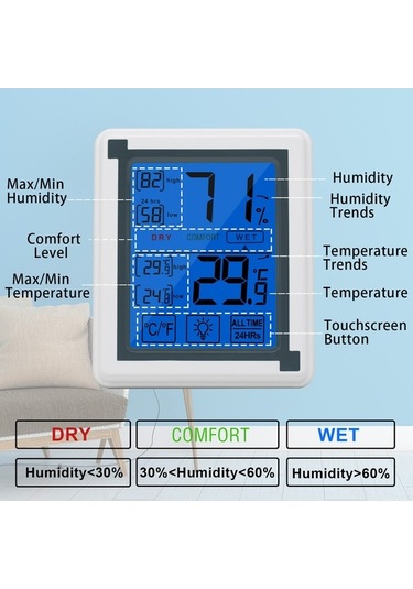 Moly Dijital Isı Nem Ölçer, Büyük Lcd Dokunmatik Ekran, Işıklandırmalı, Maks-min Kaydı, Ev Ofis İçin, Pil Yok, Beyaz-gri