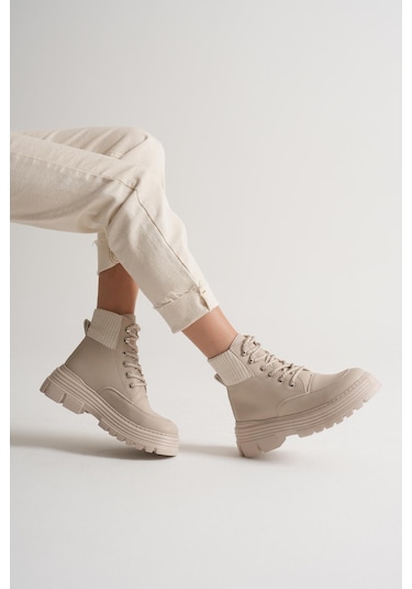 Kalın Eva Taban Boğazı Lastikli Bağcıklı Kadın Bej Bot Tbgzgn505 Bej