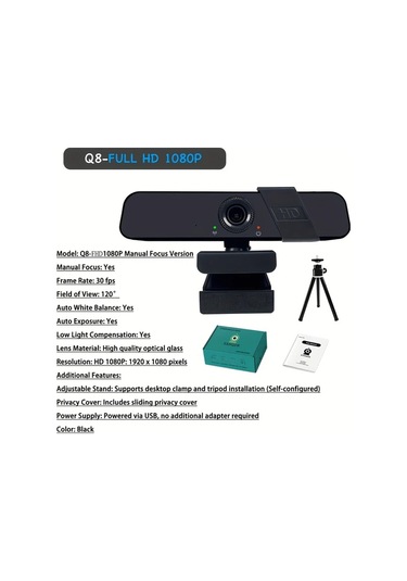 Dashanshop Exhqdr 1080p Full Hd Manuel Odaklı Usb Web Kamerası 120 Geniş Açı Lens, Privacy Cover Ve Tripod Uyumlu
