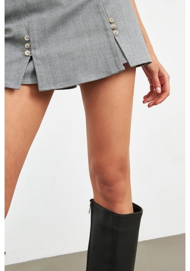 Stella Pulvis Gri Düğme Detaylı Mini Şort Etek Gri
