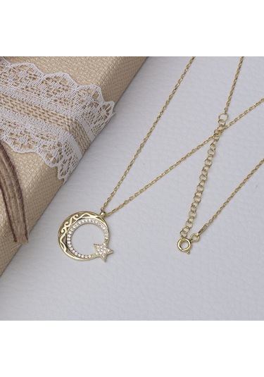 Ayyıldız Zirkon Taşlı Otantik Desenli Gold Rengi 925 Ayar Gümüş Kadın Kolye Gold