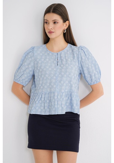 4688 Kadın Balon Kol Çiçek Desenli Peplum Bluz Bebe Mavi Bebe Mavi