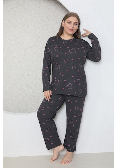 Fames Pijama Büyük Beden Kalp Desenli Mevsimlik Uzun Kol Pijama Takim Füme