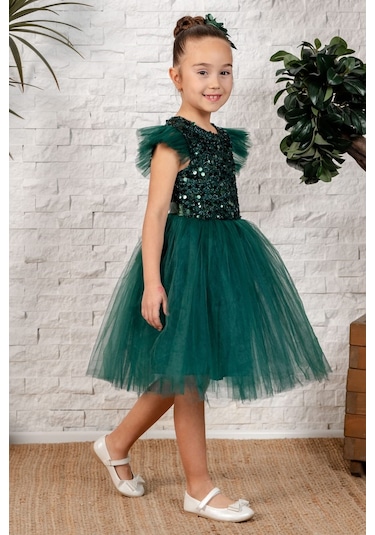 Tüllü Kız Çocuk Kpl Elbise Mnk0526 Yeşil