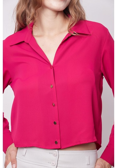 Kadın Likrasız Şık Kumaş Yakalı Uzun Kol Kısa Gömlek-vişne Vişne