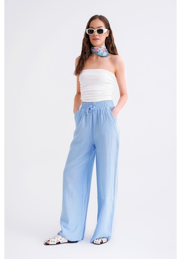 4286 Kadın Bol Paça Beli Lastikli Müslin Palazzo Pantolon Bebe Mavi Bebe Mavi