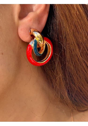 Bymerve Abiye Tasarım Halka Gold Tabaka Kırmızı 3,5cm Kadın Çelik Küpe Kırmızı