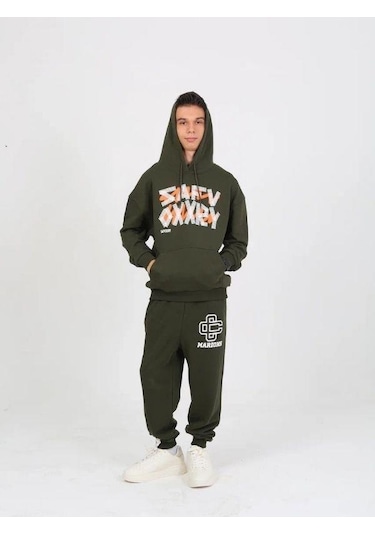 Erkek Çocuk Yazı Detaylı 2 İplik Kapüşonlu Sweatshirt-15229 Haki