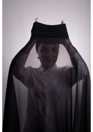 Siyah Pratik Hazır Geçmeli Şal Şifon Boru Boneli 3001_01