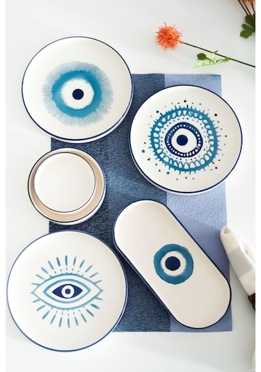 Kevin Seramik 14 Parça 6 Kişilik Nazar Boncuklu Stackable Kahvaltı Takımı&Lüx Sunum Tabakları Mavi Beyaz