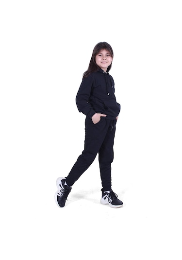 Fyk Kids Kapşonlu, Kanguru Cepli Düz Desen Kız Çocuk Alt-üst Takım Siyah