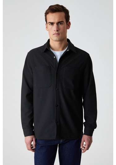 GRIMELANGE Jakarı Erkek Regular Fit Standart Kesim Klasik Yaka Desenli Çıtçıtlı Siyah Gömlek Siyah