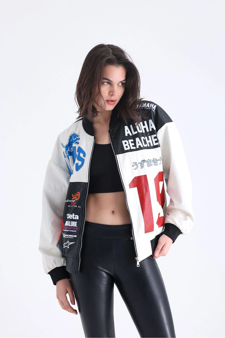 Kadın Oversize Baskılı Deri Motorcu Montu Fermuarlı Yarışçı Ceket Astarlı Bomber Kolej Mont Beyaz