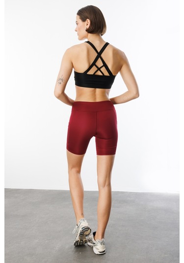 Yüksek Bel Toparlayıcı Çift Cepli Biker Şort Kısa Spor Tayt Kısa-tayt Bordo