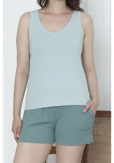 Kadın Şortlu Pijama Takımı Geniş Askılı Likrali Cepli Kaşkorse Şort Yeşil Yeşil