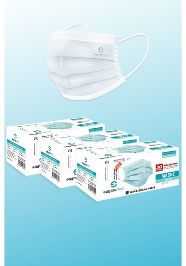 Saytekmed Meltblown Filtreli, Yassı İpli, 3 Katlı Beyaz Maske (3 Kutu/150 Adet)