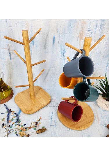 Ahşap Bambu Bardak Kupa Fincan Askılığı Askısı 6 Askılı 2 Adet