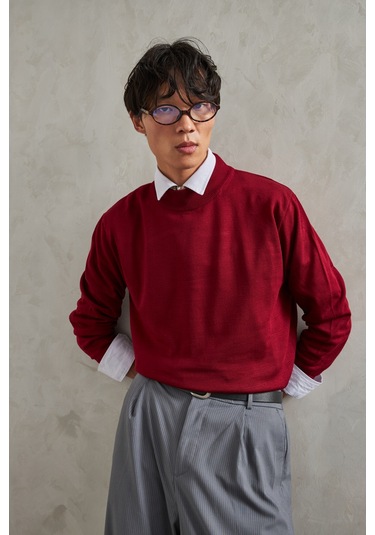 Erkek Yarım Balıkçı Oversize Basıc Triko Kazak Bordo